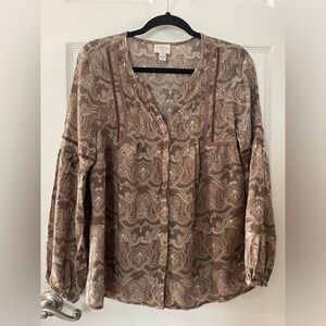St. John's Bay Brown Paisley Rayon Blend Button-Front Blouse